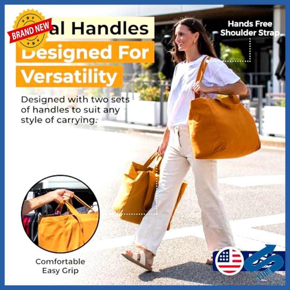Heavy Duty Canvas Grocery Tote Set Foldable Washable with Pockets - Picture 3 of 7